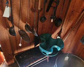 Metal Ladles, Wood Stool/Bench
