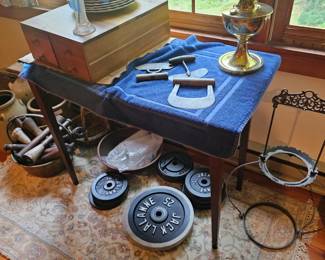 Exercise Weights, Brass Lamp, China plates, Oriental Rug