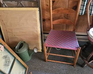 Metal Watering Can, Wood Chair