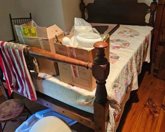 Wood Bed Frame, Brass Lamps and Glass Shades