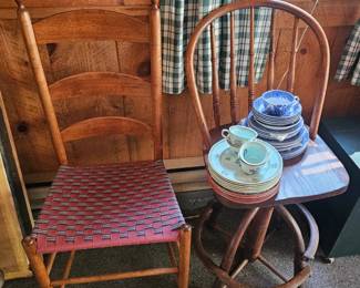 Wood Chair, China Plates, Bowls, Cups