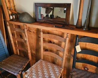 Wood Chairs, Mirror, Metal Scoop