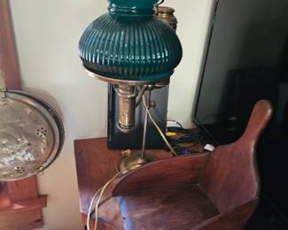 Wooden Grain Scoop, Brass Lamp with Green Glass