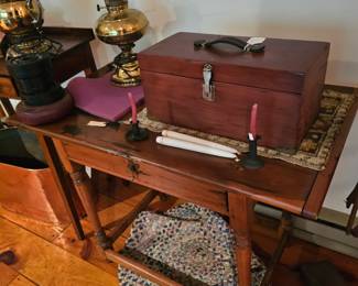 Wood Table, Candlestick holders, Brass Lamp