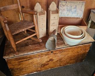 Small Woodem Rocking Chair, Wooden Storage Chest, Stoneware bowls, Frank Siddalls Soap Box