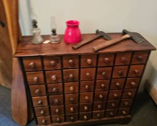 Wooden Drawer Storage, Oil Lamps, Hammer