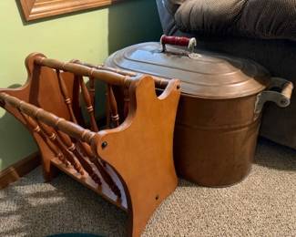 Copper boiler with lid. Magazine rack. They make nice record holders too. 