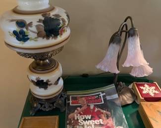 Parlor lamps. Desk lamps. Husker memorabilia. 