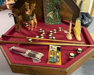 Gaming table. Christmas decor. Pool Ques. 