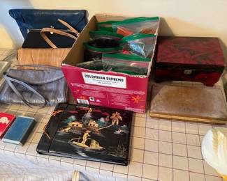 Asian art. Jewelry box. Purses. Vintage scarves. 