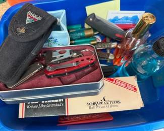 Various hunting/pocketknives. Buck. Schrade. Butcher knives. 