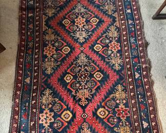 Antique Persian Heriz Runner Rug – Geometric Floral Medallions geometric rug—red/blue zigzag + medallions – Navy & Rust Tones