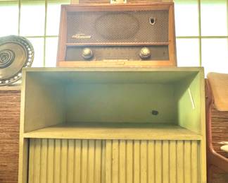 Minimalist Wood Cabinet with Louvered Sliding Doors – 1960s Era
