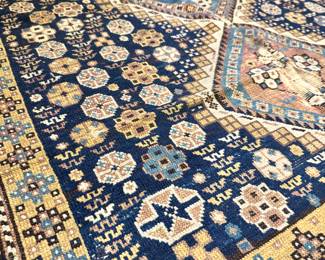Vintage Caucasian Tribal Rug – Triple Diamond Medallion – Indigo & Gold Field