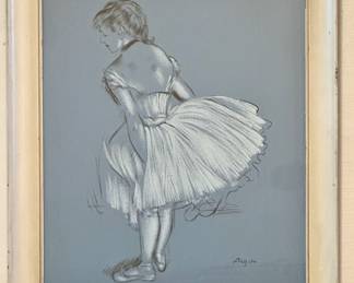 Vintage Mid-Century Degas Ballerina Restrike , Framed Charcoal Print on Blue Paper