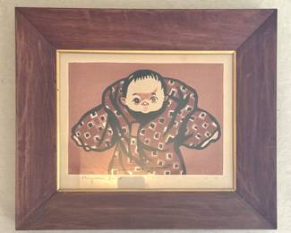 Framed Vintage Asian Child Portrait Print — Bold Graphic Kimono Design — Signed Art