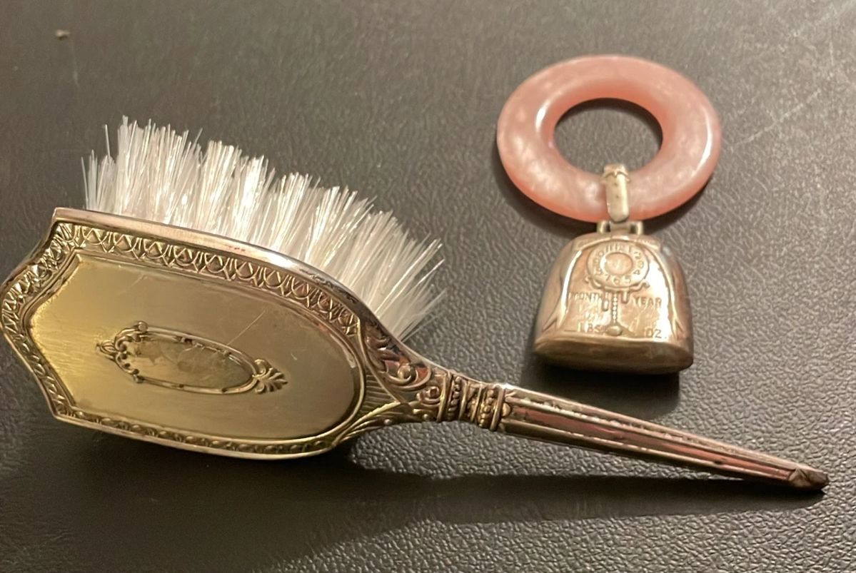 Vintage WEB Sterling Silver Baby Hairbrush Rattle Heirloom Set
