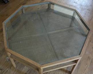 Vintage Octagonal GlassTop Coffee Table with Woven Inset
