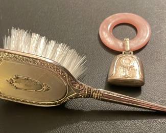 Vintage WEB Sterling Silver Baby Hairbrush Rattle Heirloom Set