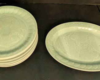 Vintage Celadon Green Koi Motif Plate Platter Set  8 Pieces