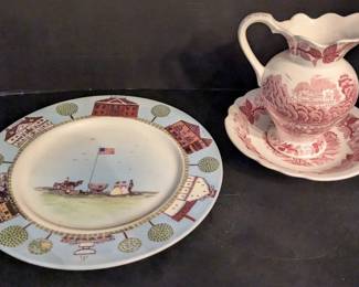Vintage Colonial Americana Plate ft. Ridgefield CT Red Transferware Pitcher Set