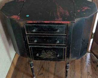 Antique Black Lacquered Sewing or Accent Cabinet with AsianInspired Motif