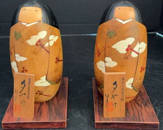 Pair of Japanese Kokeshi Dolls Handcrafted Wooden Art with Dragonfly Motif