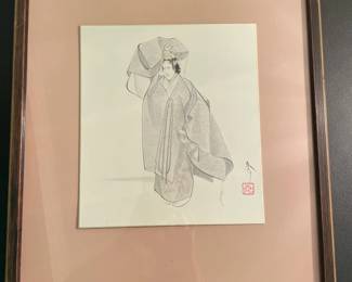 Pair of Framed Asian Ink Brush Figure Drawings Signed with Red Seal