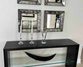 Artefacto Console (@63x15 3/4 x 31 1/4 & 15MM Glass Shelf).  And  four (4)  Crate&Barrel Dubois Mirror Set surrounded by antiqued mirror and distressed tin frame with copper finish (@ 20” Square).  