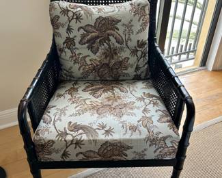 Floridian Furniture Vintage  China Bay Lounge Chair .  fabric: Swedish Garden Linen. (@ Arm to Arm D26”. Across top 24”.  Height 38”