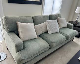 Ethan Allen. Solid frame, structurally sound; but , reupholstery recommended (cushions only with contrasting fabric can save $$ and look great).
Originally $3,196 | Asking $250. Throw pillows separate.