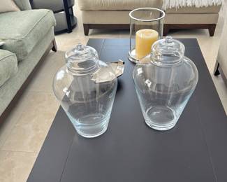 Two (2) Large Pottery Bar Decorative Ginger Jars & One (1) Pottery Barn Hurricane Candle Holder  