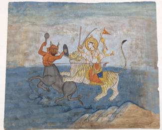 Indian Pahari School Miniature Painting From The Devi Mahatmya Series Of Durga Killing The Demon
