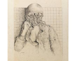 Vintage Pencil Drawing Of A Woman In A Bomber Mask, "Never Say Die", Signed Gino Valentin
