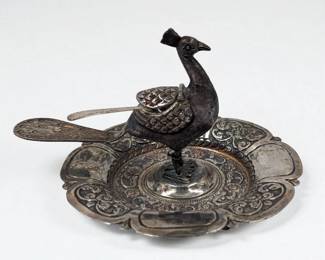 Antique Low Grade Silver Peacock Salt Dip, Unmarked
