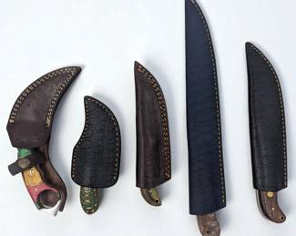 5Pc Hand Made Damascus Steel Knives And Sheaths
