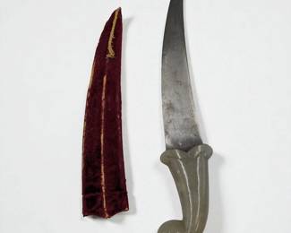 Antique Mughal Jade Dagger With Damascus Blade, Ruby, And Traces Of Gilt
