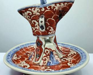 Chinese Ming Style Blue, Red, And White Dragon Porcelain Wine Cup And Holder w/ Six Character Mark

