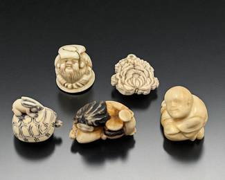 Lot Of 5 Finely Carved Antique Japanese Miniature Figures / Pendants, Three Signed
