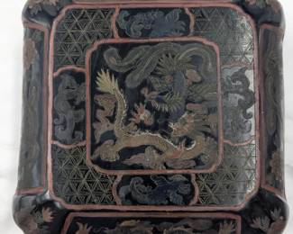 An Old Chinese Black Lacquered Trinket Box Decorated With Dragons, Flora, And Phoenixes

