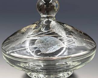 Vintage Lidded Glass Candy Dish With Silver Overlay Leaves
