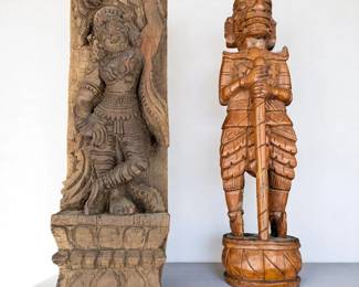 Pair Of Southeast Asian Carved Wood Sculptures, South Indian Maha Devi And Thai Teak Wood Yaksha
