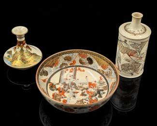 Lot Of 3 19th Century Japanese Satsuma Miniature Vases And Bowl, One Signed
