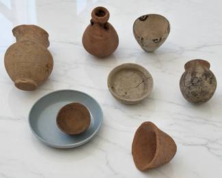 Grouping Of 7 Old Pottery Vessels, Miniature Vases And Bowls
