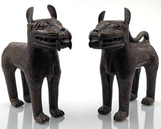 Pair Of Antique African Nigerian Benin Bronze Leopard Reproduction Sculptures
