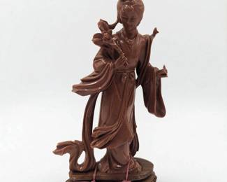 A Fine Chinese Goldstone Geisha Sculpture On Wooden Stand
