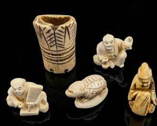 Lot Of 5 Finely Carved Antique Japanese Miniature Figures, Three Signed
