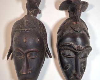 Pair Of Wood Carved African Baule Or Guro Masks With Bird
