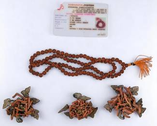 4 Piece Antique Jewelry Lot, 3 Coral Pendants And A Hindu Rudraksha Mala Bead Rosary With Document
