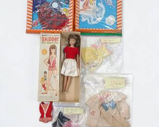 Vintage 1960s Mattel Brunette Skipper Barbie Doll In Original Box With Five Additional Outfits
